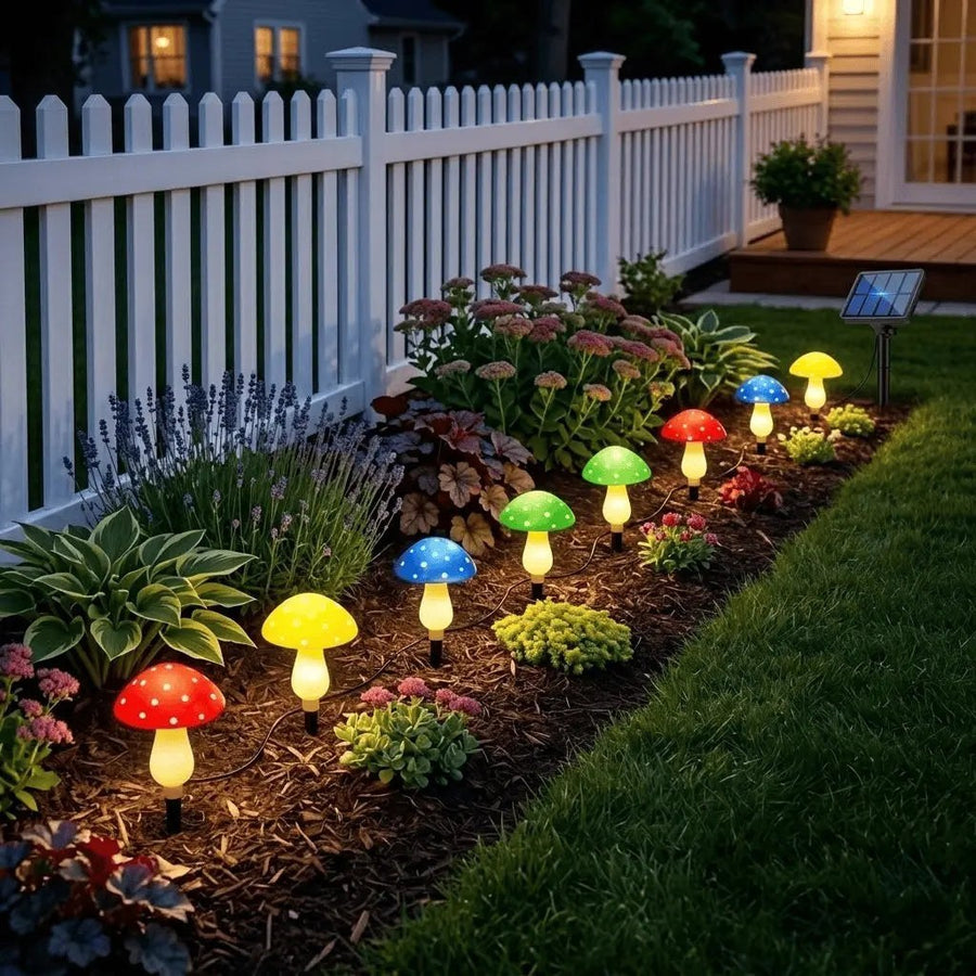 Decorative solar mushroom lights along a garden flower bed
