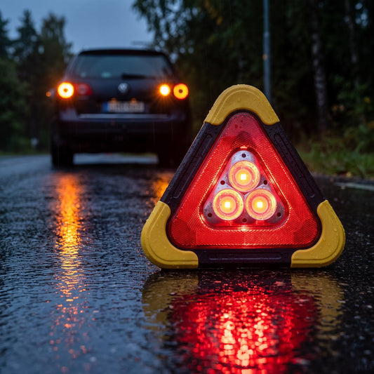 Emergency beacon glowing red on a rain-soaked road behind a parked car