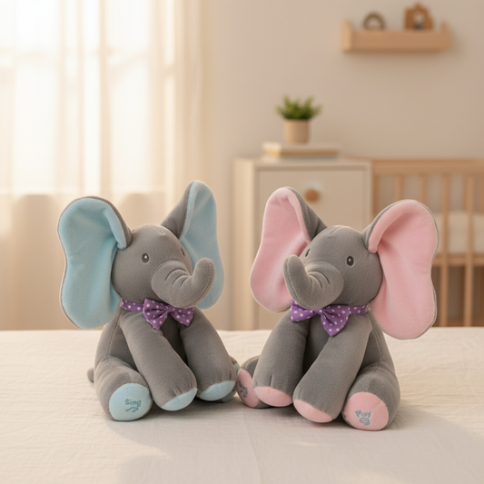 Blue and pink peek-a-boo elephant in a Scandinavian nursery