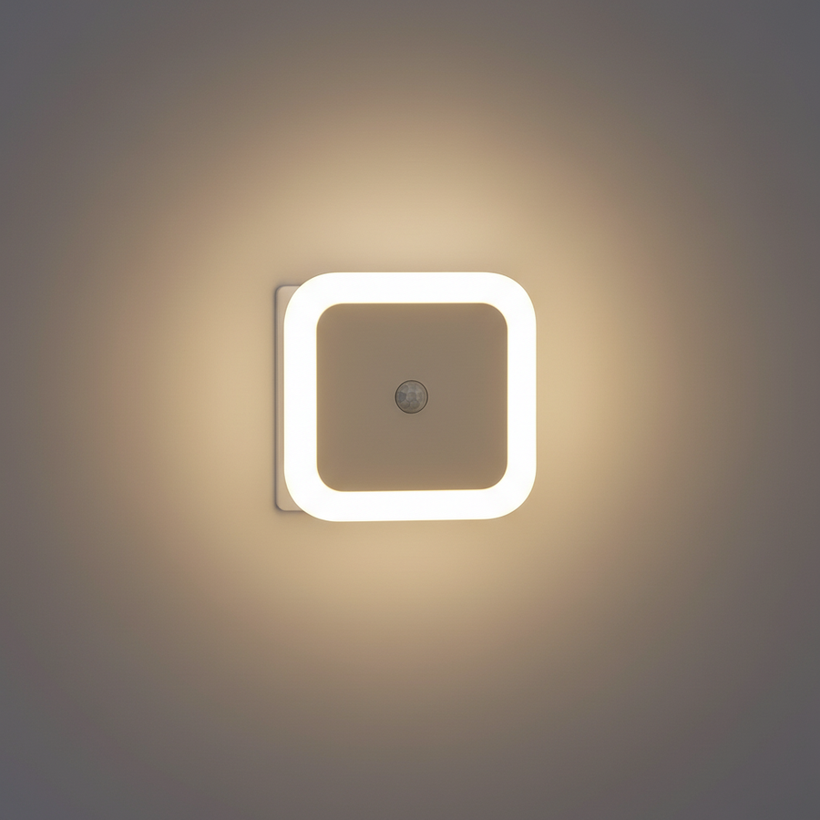 LED night light with motion sensor plugged into an outlet