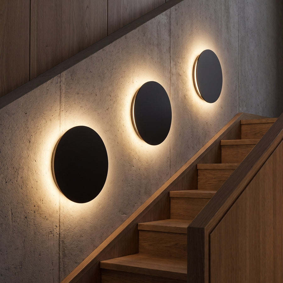 Three round LED wall lights along a staircase wall of concrete and wood
