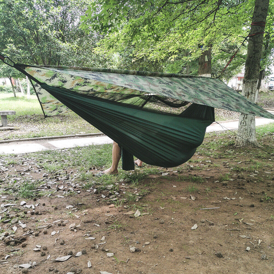 Camping hammock with tent shown from the side