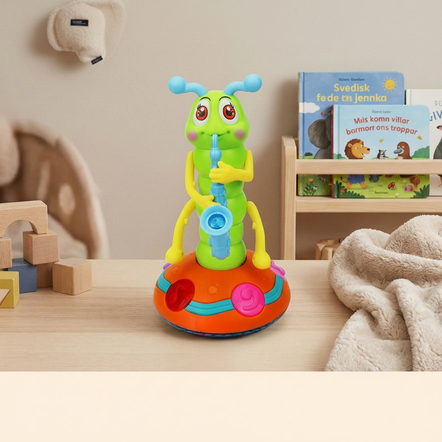 Dancing saxophone caterpillar toy – lifestyle image in a nursery