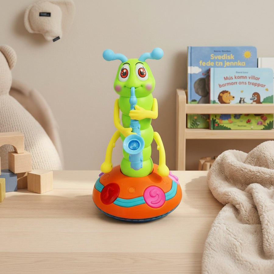 Dancing saxophone caterpillar toy – nursery setting