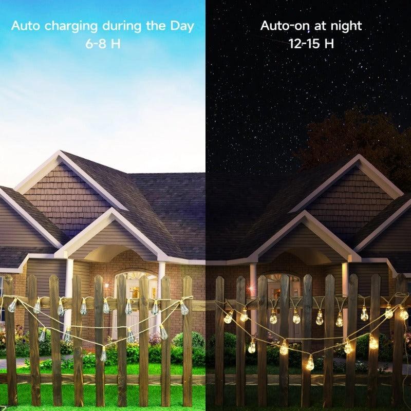 Day and night comparison of solar string lights on a wooden fence