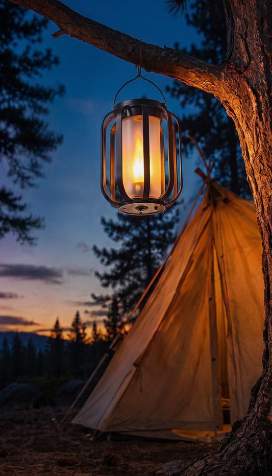 Solar flame lantern hanging from tree branch at dusk campsite