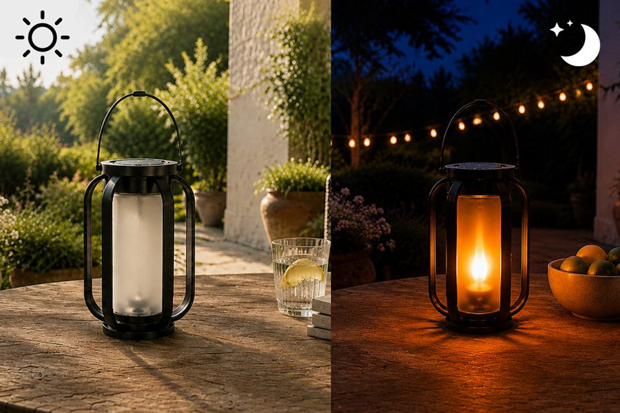 Solar lantern shown by day and night on outdoor patio table