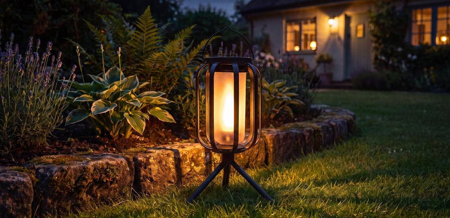 Solar flickering flame lantern glowing beside stone garden border