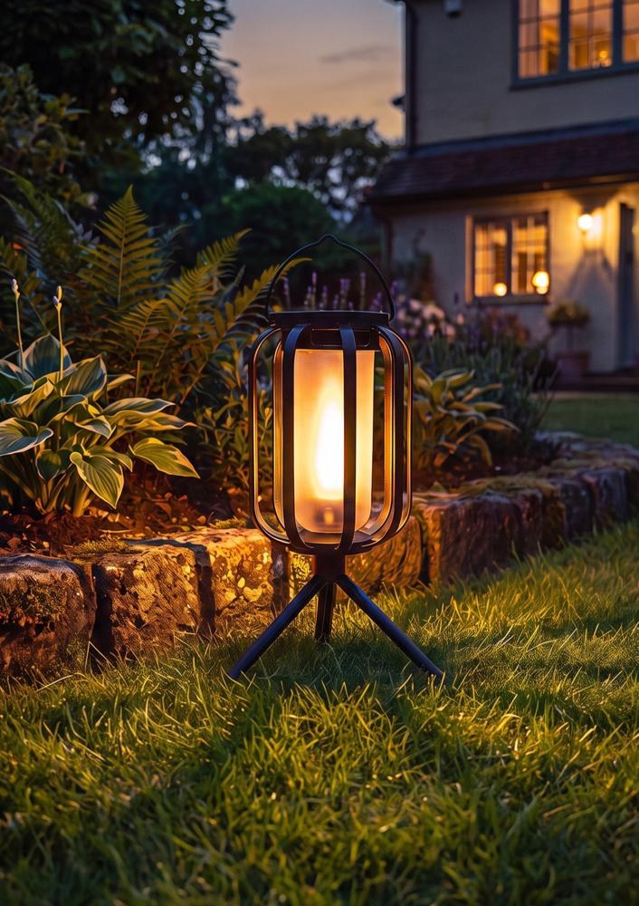 Solar flame lantern on tripod stake in English garden at dusk