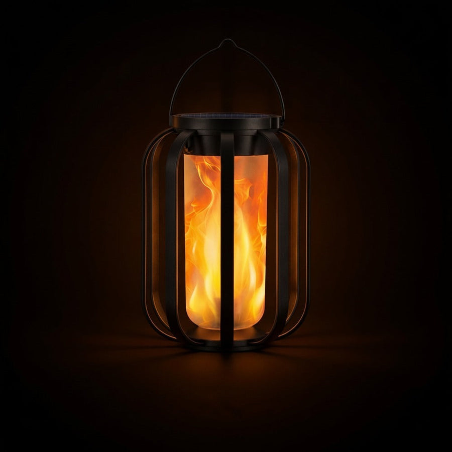 Solar lantern with flame effect against a dark background