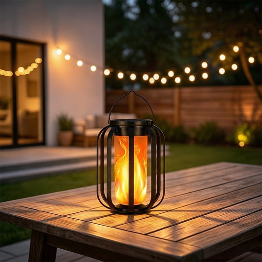 Solar lantern with flickering LED flame on a patio at dusk