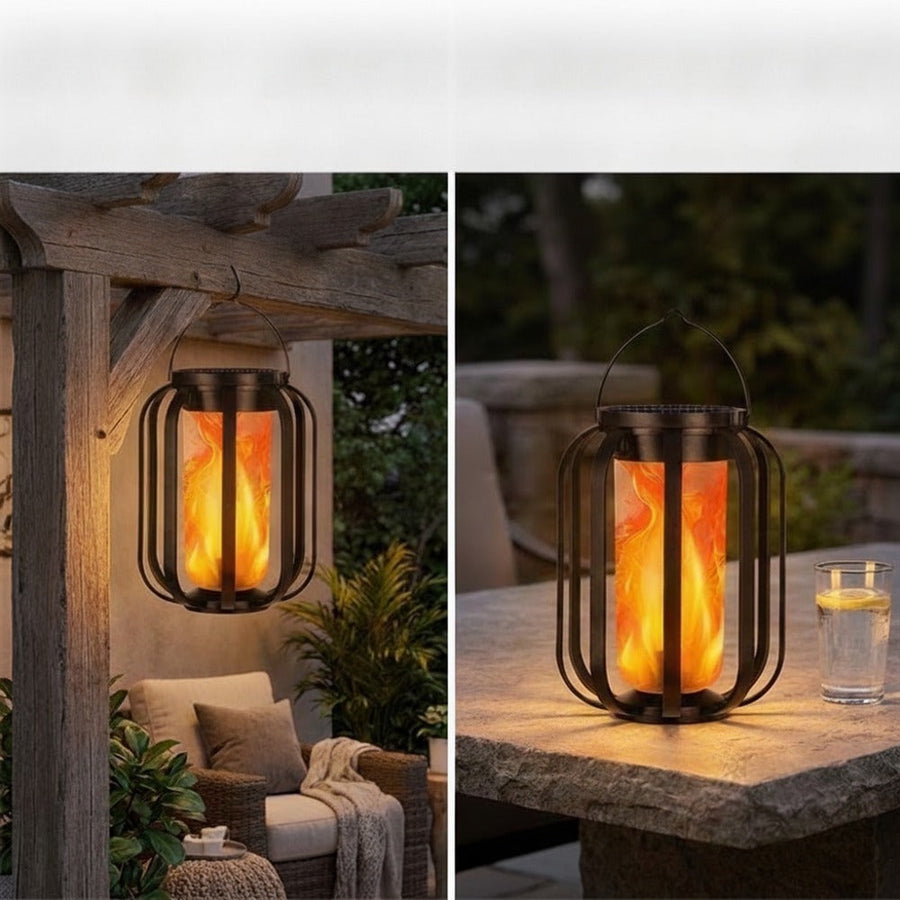 Solar lantern shown hanging and on a table – placement options