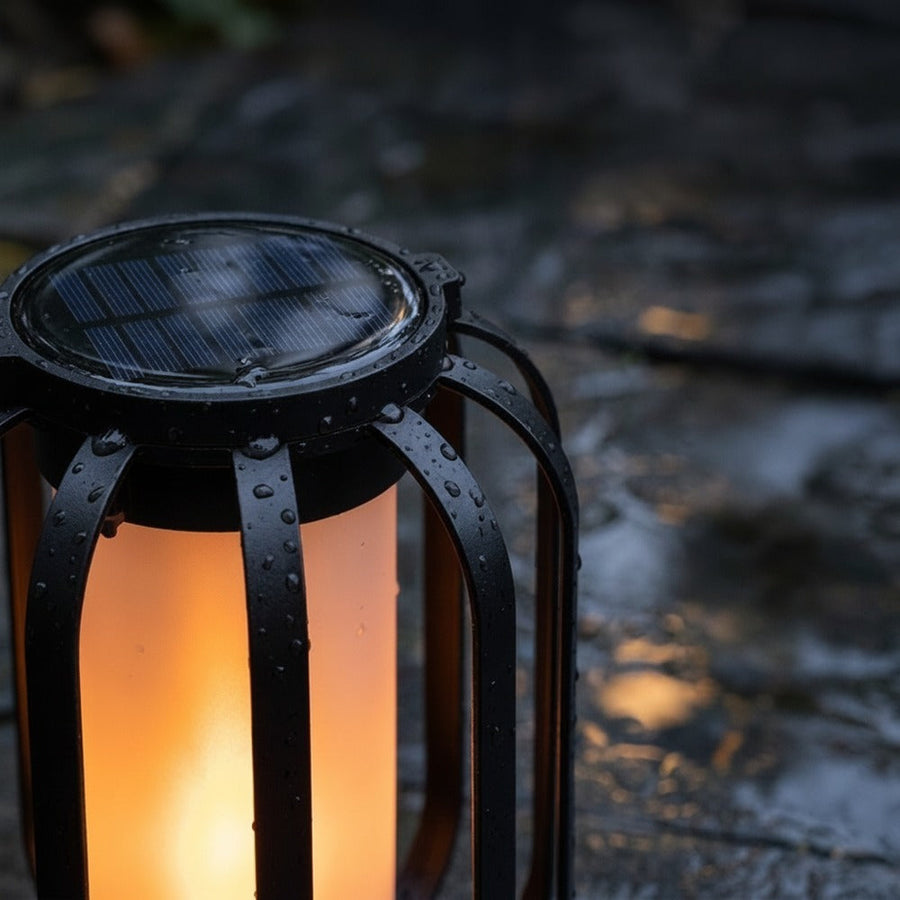 Solar panel on top of the waterproof LED lantern in the rain