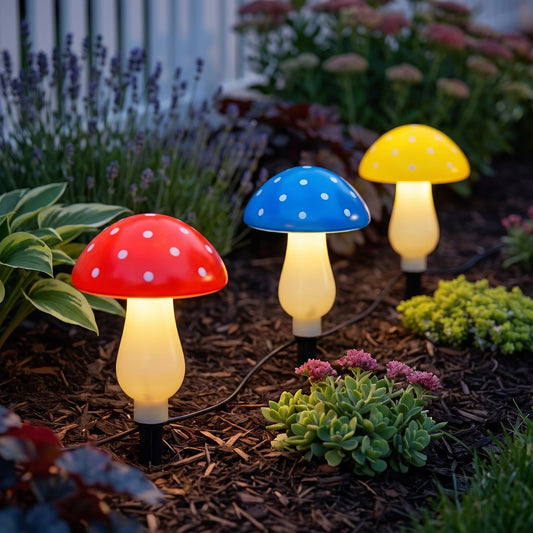 Three solar mushroom lights with polka-dot caps glow in a flower bed at dusk