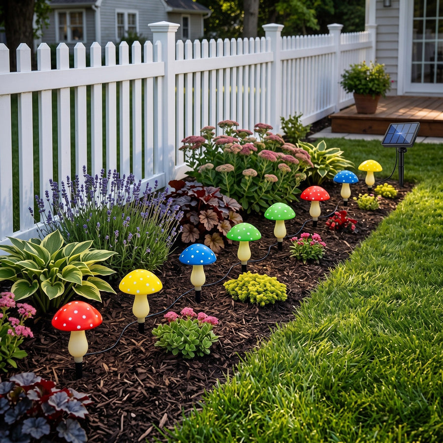 All eight mushroom lights with the solar panel set up along the flower bed in daylight