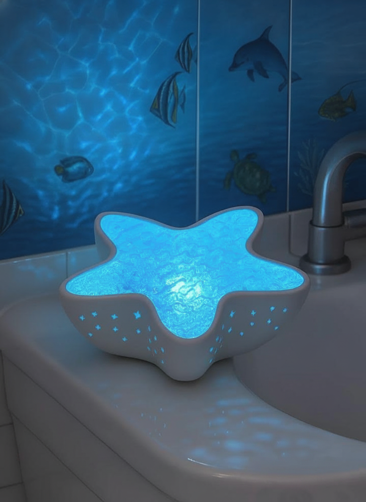 Glowing blue starfish lamp on bathroom sink at night