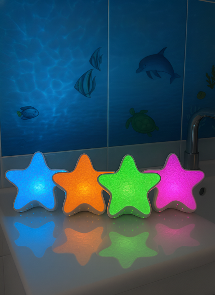 Four starfish lamps glowing blue orange green and pink