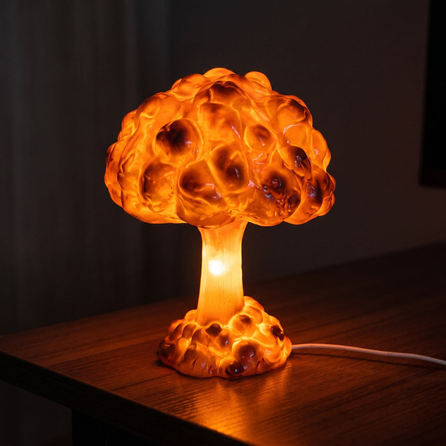 The mushroom cloud lamp as the only light source in a dark room