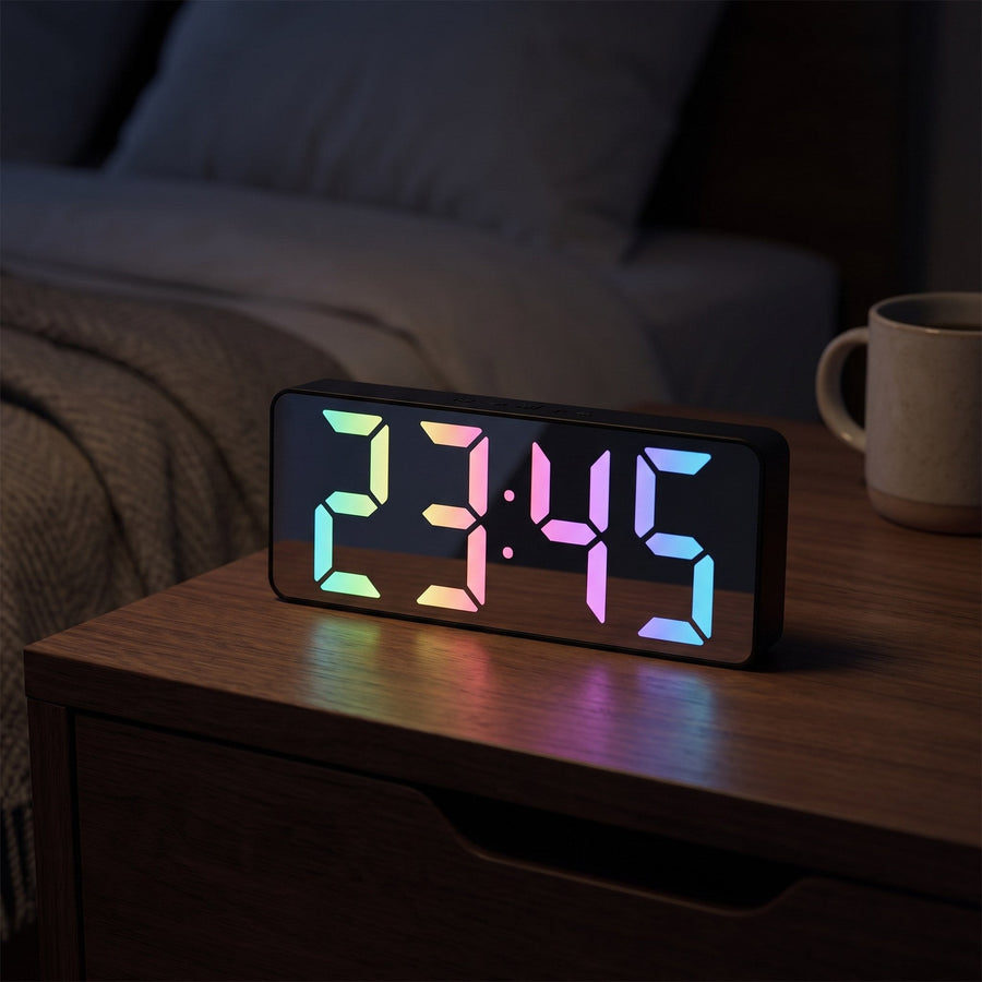 Alarm clock with dimmed RGB digits on a nightstand in the dark