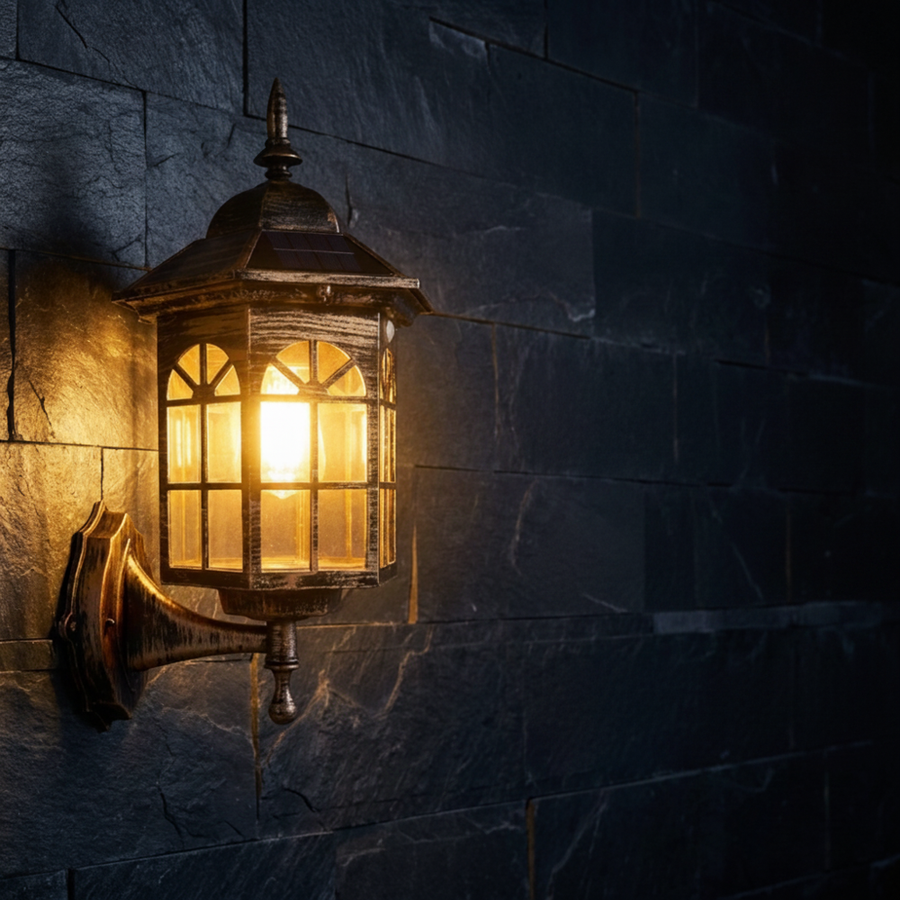 Classic outdoor wall lantern lit up on a stone wall at night