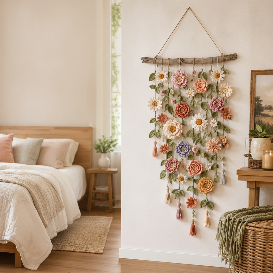 Crocheted flower wall hanging in a bedroom – boho wall decor