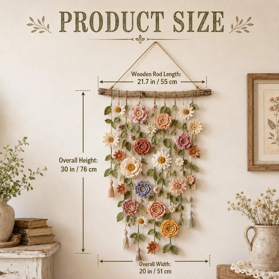 Dimensions and size of crocheted flower wall hanging, 22 x 30 in (55 x 76 cm)