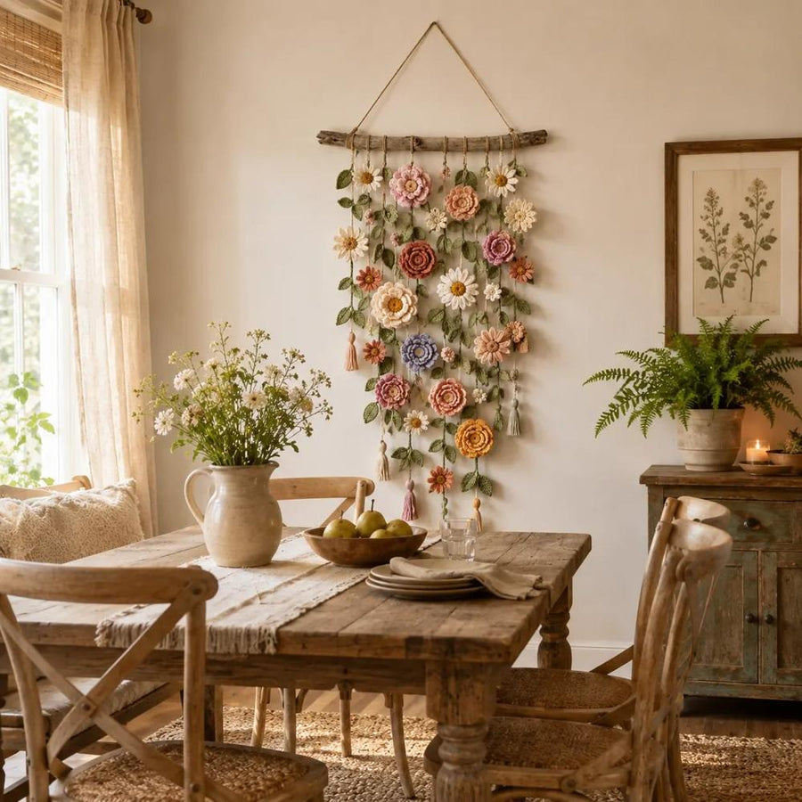 Crocheted flower wall hanging in a dining room with rustic decor