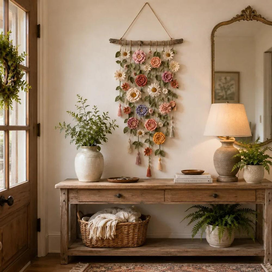 Crocheted flower wall hanging in an entryway with vintage design