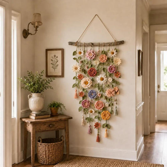 Crocheted flower wall hanging in a hallway with boho style
