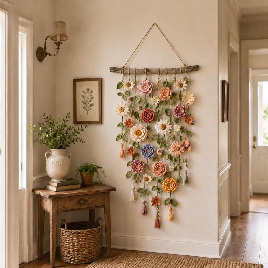 Crocheted flower wall hanging in a hallway with boho style