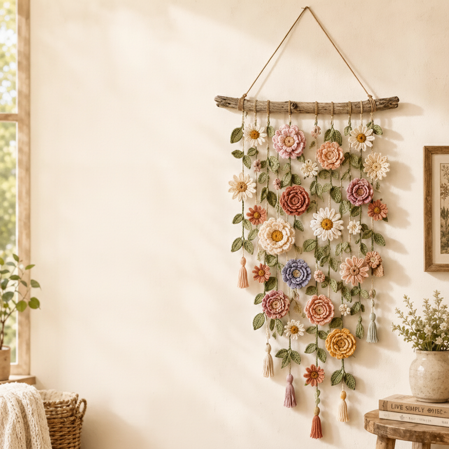 Crocheted flower wall hanging against a wall with boho decor
