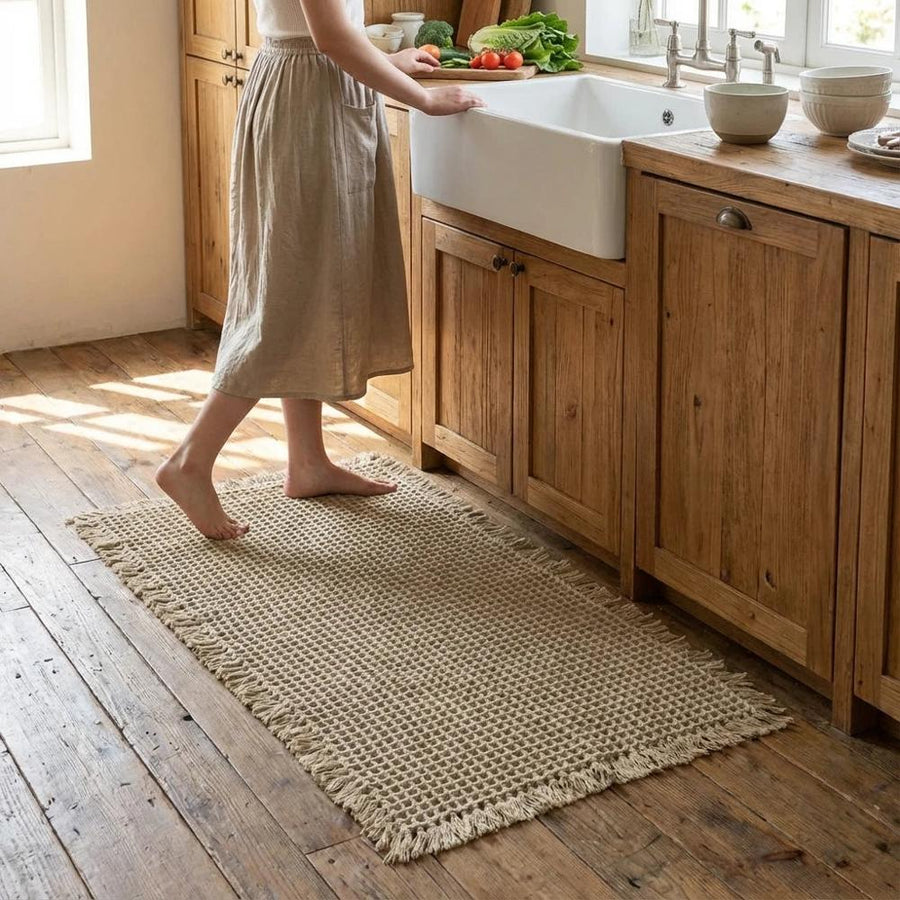 Woman walking barefoot on waffle mat in farmhouse kitchen