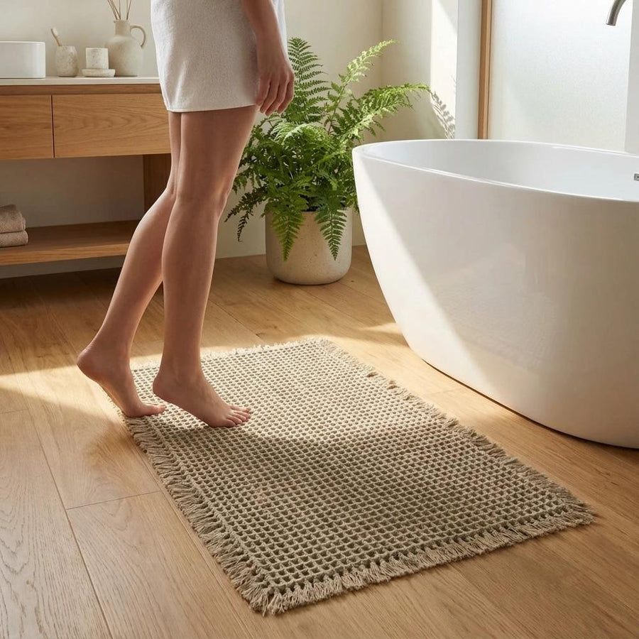 Waffle-weave bath mat beside freestanding tub with fern