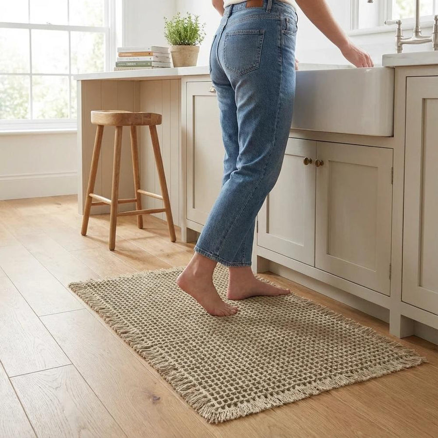 Waffle bath mat in front of kitchen sink and stool