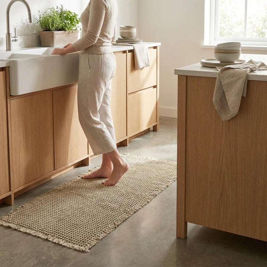 Waffle-weave mat on concrete floor by wooden cabinets