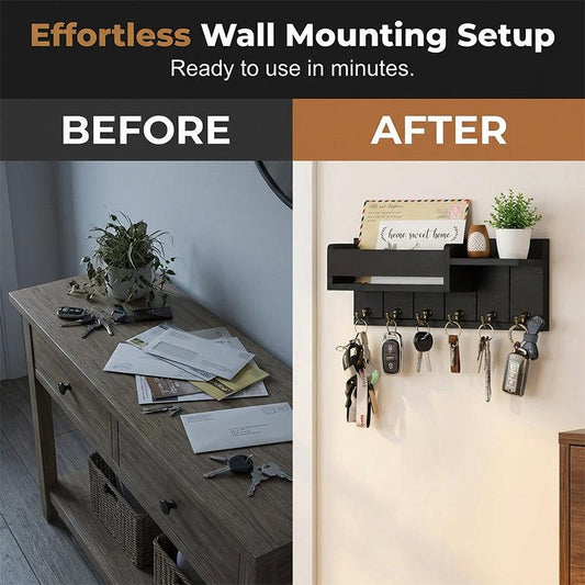 Cluttered entryway table before organizer versus tidy wall-mounted holder after