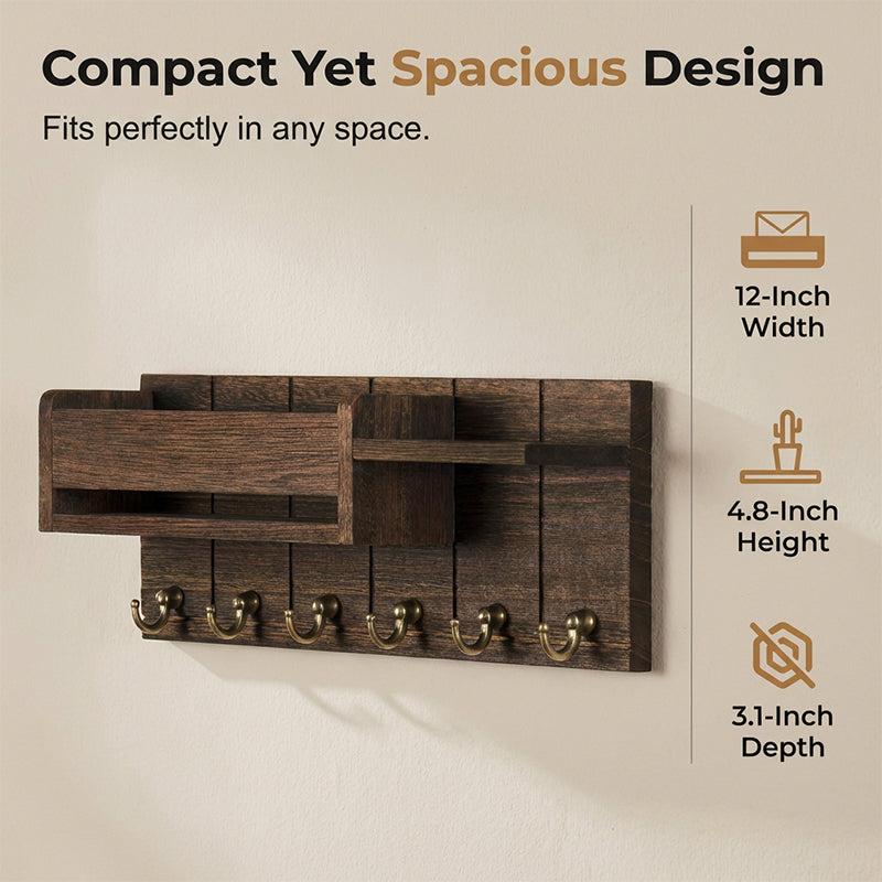 Wood mail and key holder with width, height, and depth dimensions