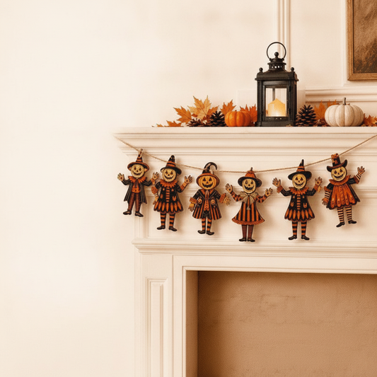 Wooden pumpkin scarecrow banner hanging above mantel