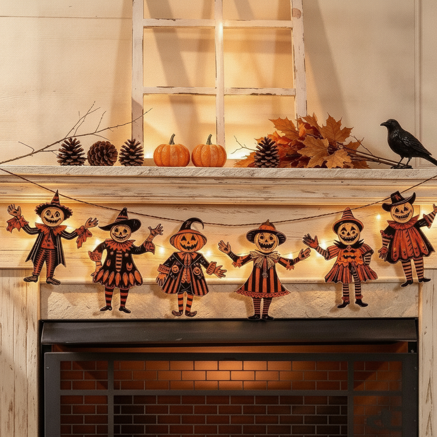 Wooden Halloween banner glowing over fireplace at night