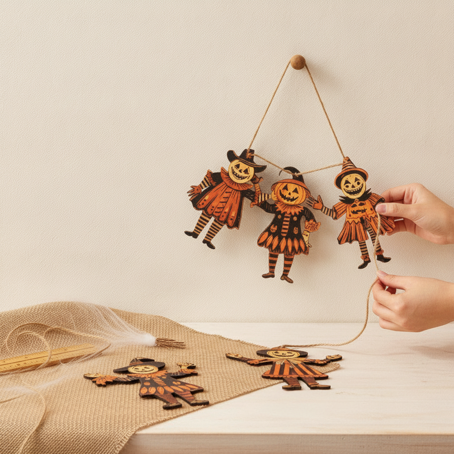 Hands threading twine through wooden banner pieces