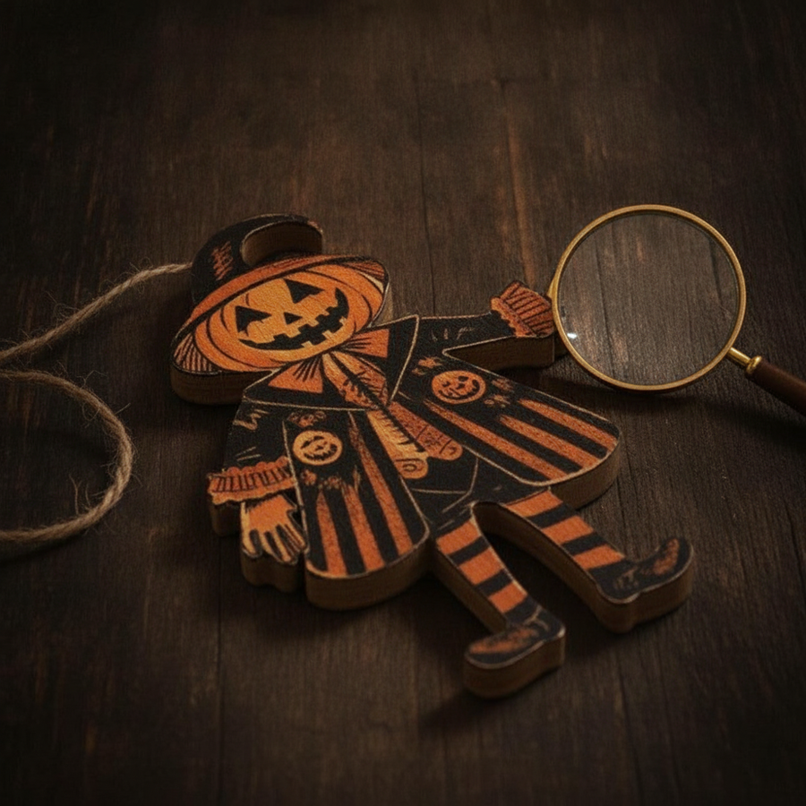 Close-up of thick wood grain on pumpkin scarecrow piece