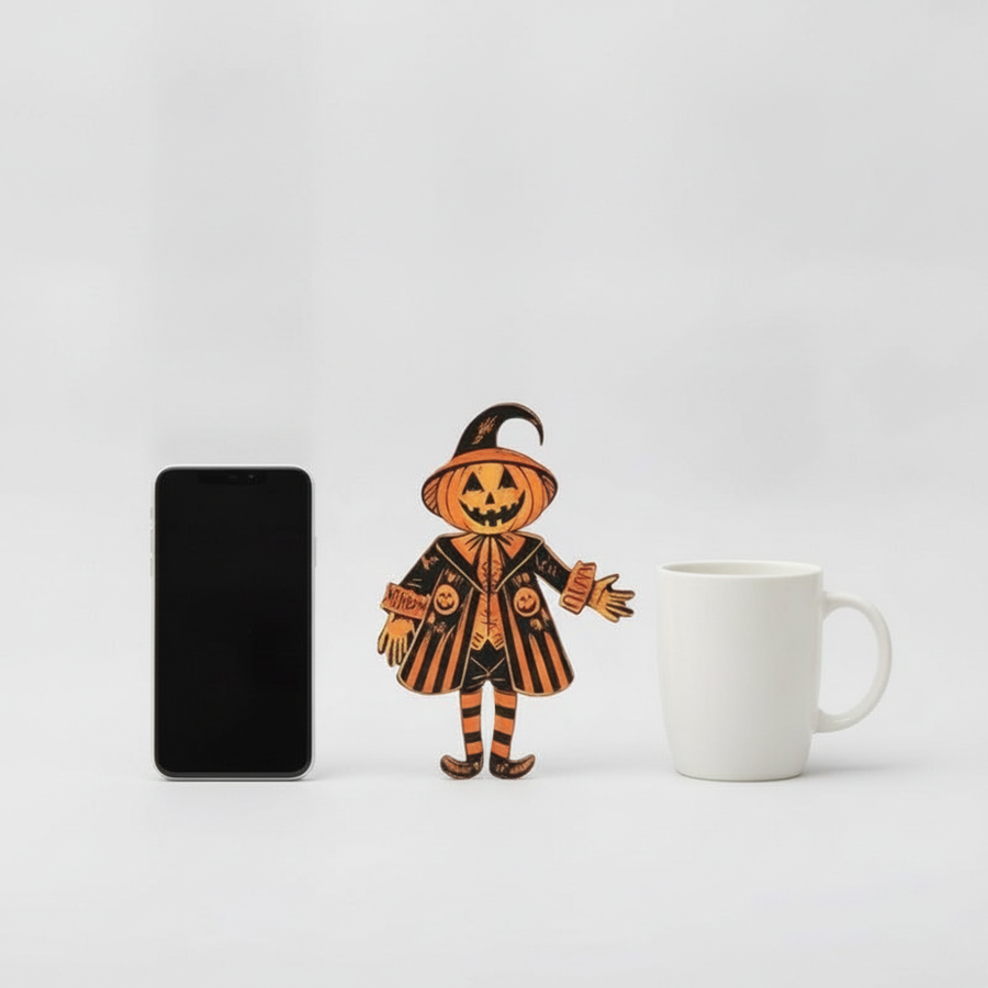 Scale comparison of banner piece next to phone and mug
